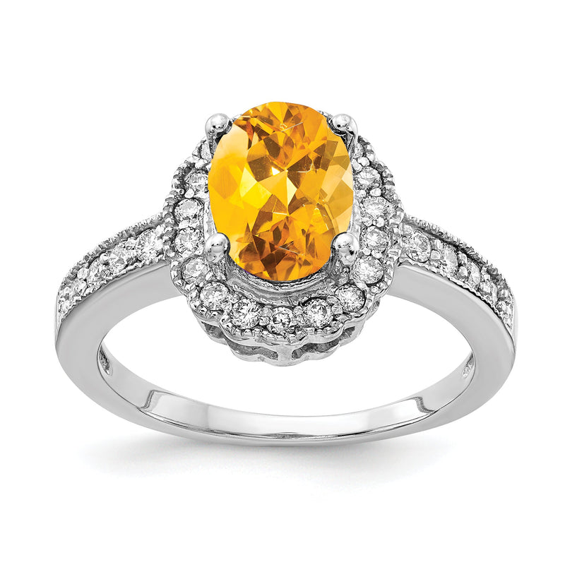 14K Weißgold Ring mit Citrin im Oval-Schliff, Karo-Facettierung, 8x6 mm, AA-Qualität, und Diamanten