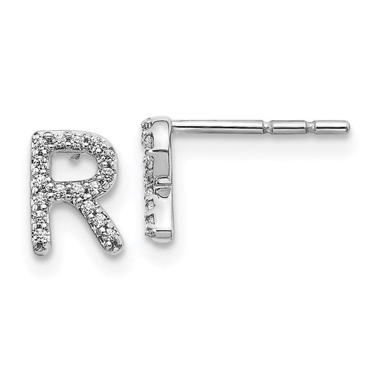 14k White Gold Real Diamond Initial R Earrings EM4169R-010-WA