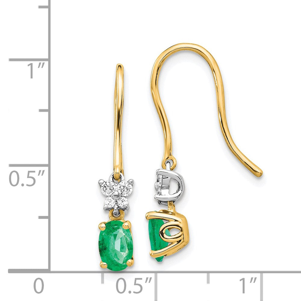 14k Yellow Gold 1/8ct Real Diamond and Oval Emerald Shepherd Hook Earrings EM5600-EM-013-YWA