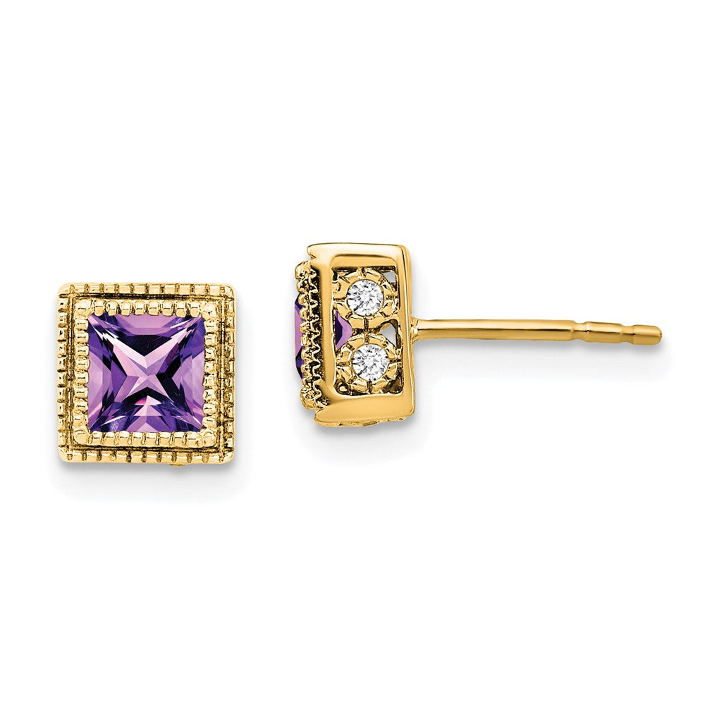 14k Yellow Gold Square Amethyst and Real Diamond Earrings EM7096-AM-016-YA