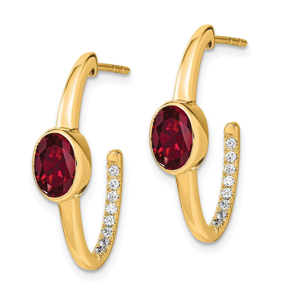 14k Yellow Gold Oval Created Ruby and Real Diamond J-Hoop Earrings EM7214-RU-018-YA