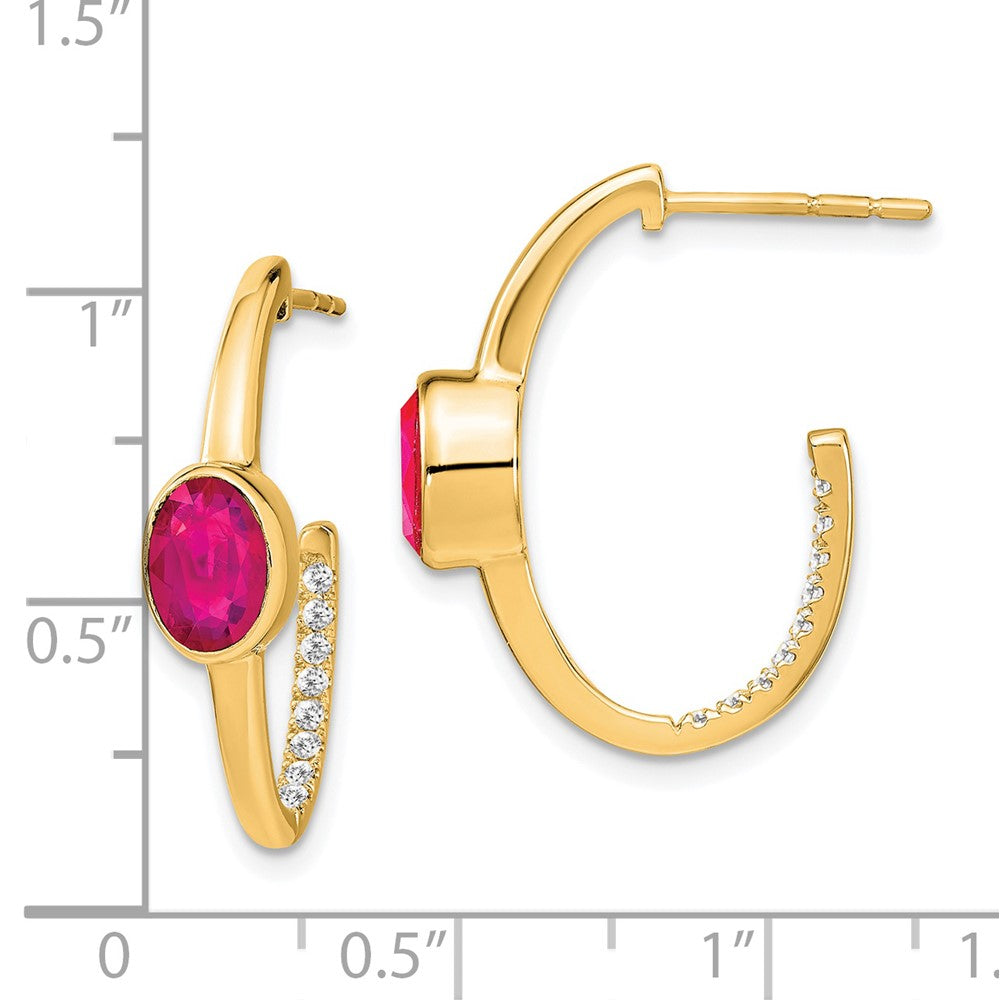 14k Yellow Gold Oval Created Ruby and Real Diamond J-Hoop Earrings EM7214-RU-018-YA