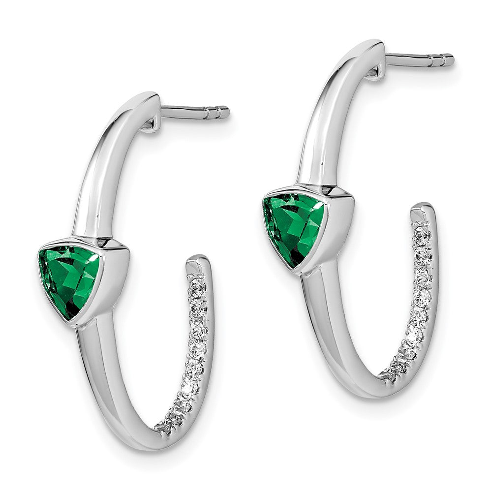 14k White Gold Trillion Created Emerald/Real Diamond J-hoop Earrings EM7216-EM-018-WA