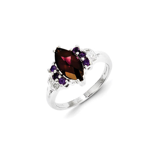 Sterling Silver Rhodolite Garnet, Amethyst & Diamond Ring