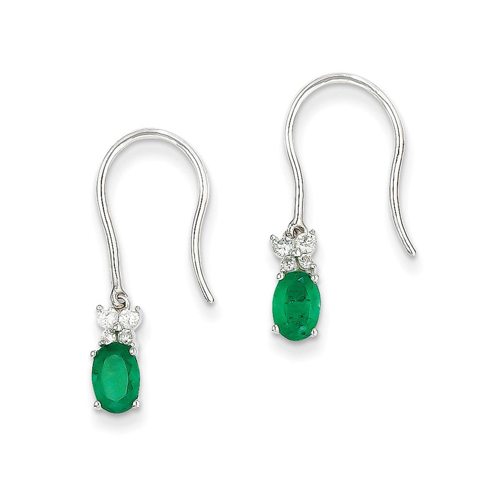 14k White Gold 1/8ct Real Diamond & Emerald Shepherd Hook Earrings XE2411E/AA